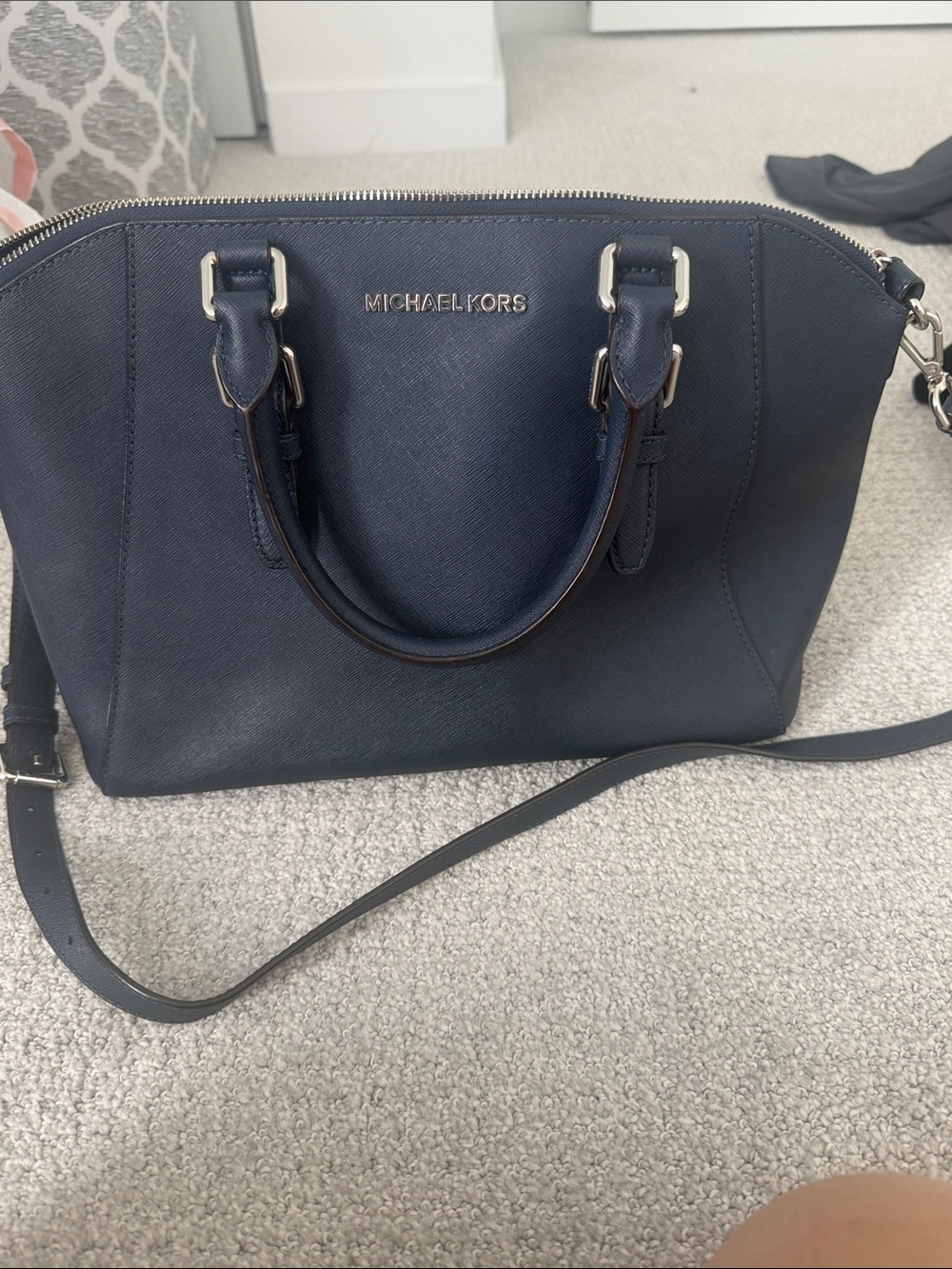 Michael Kors Navy Saffiano Satchel with Crossbody Strap